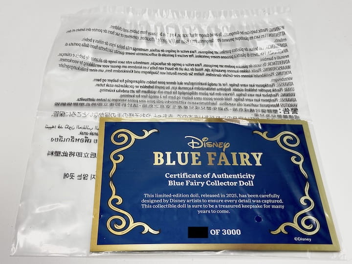 Disney Store Blue Fairy Doll Limited Edition Pinocchio 85th Anniversary Certificate Back