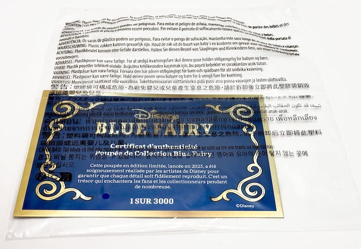 Disney Store Blue Fairy Doll Limited Edition Pinocchio 85th Anniversary Certificate Front