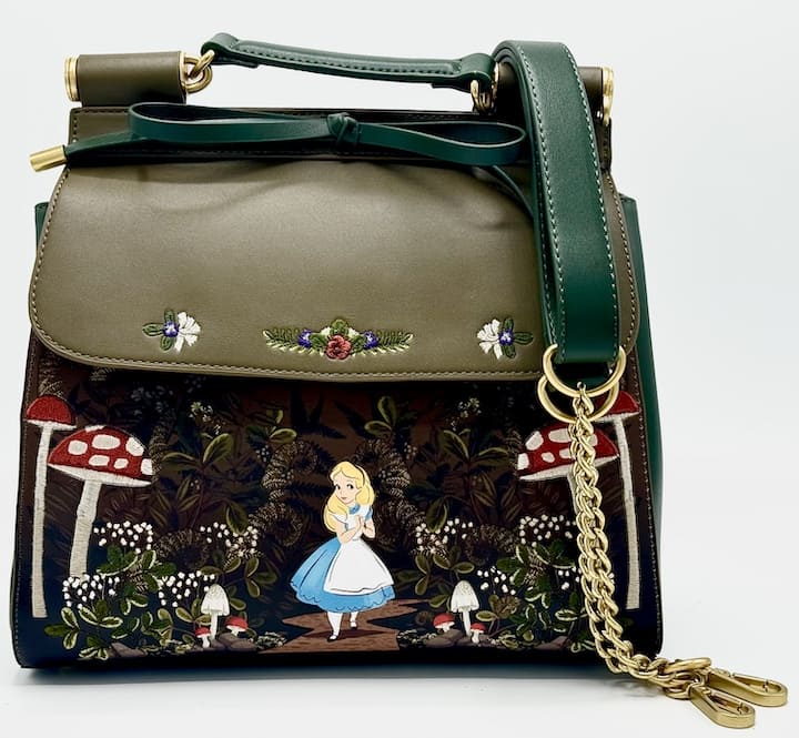 Loungefly Alice in Wonderland Mushrooms Crossbody Bag Disney Handbag Front Full View With Strap