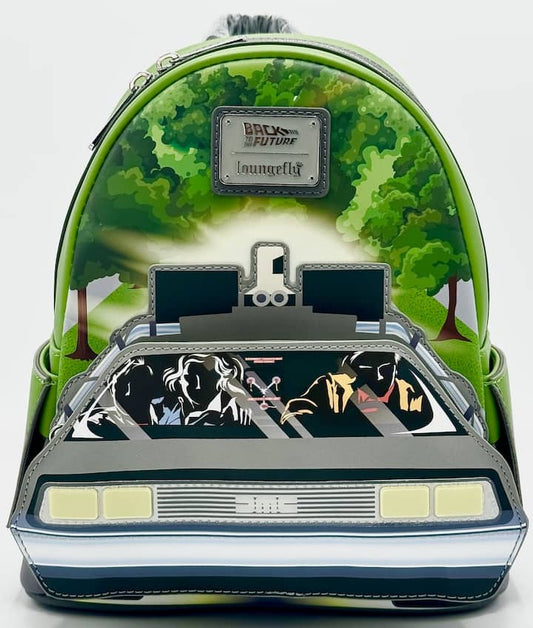 Loungefly Back to the Future Mini Backpack DeLorean Light Up Bag Front Full View Lights Off