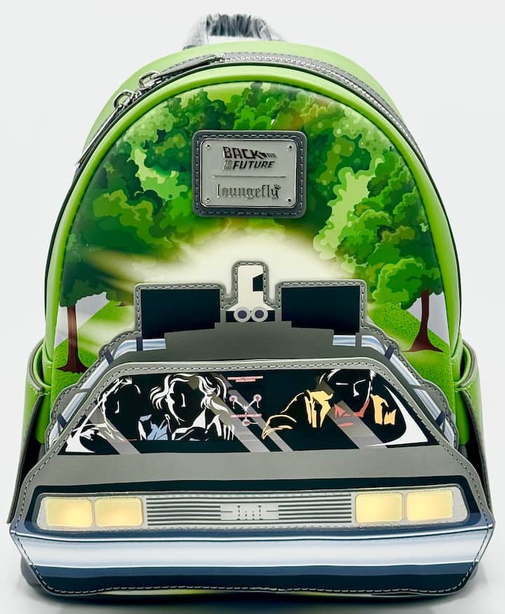 Loungefly Back to the Future Mini Backpack DeLorean Light Up Bag Front Full View Lights On