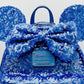 Loungefly Disney Parks Blue Hydrangea Sequin Mini Backpack Bag Front Bow And Ears
