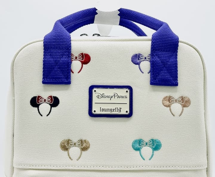 Loungefly Disney Parks Minnie Mouse Ears Headband Canvas Mini Backpack Front Logo