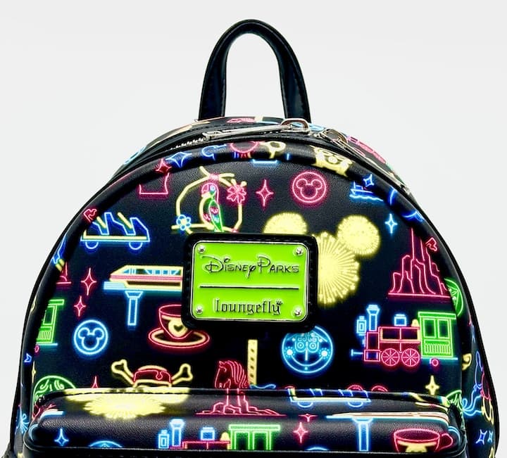 Loungefly Disney Parks Neon Mini Backpack Park Life Attraction Icons Front Enamel Logo