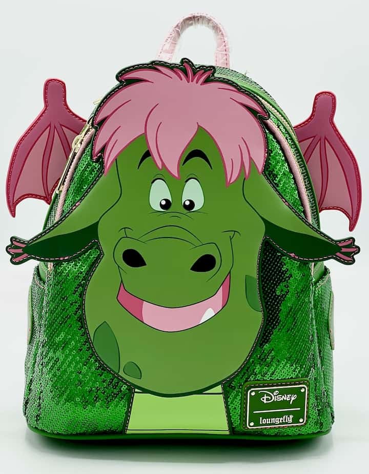 Loungefly Elliot Sequin Mini Backpack Disney Pete's Dragon Bag Front Face Applique With Partial Wings
