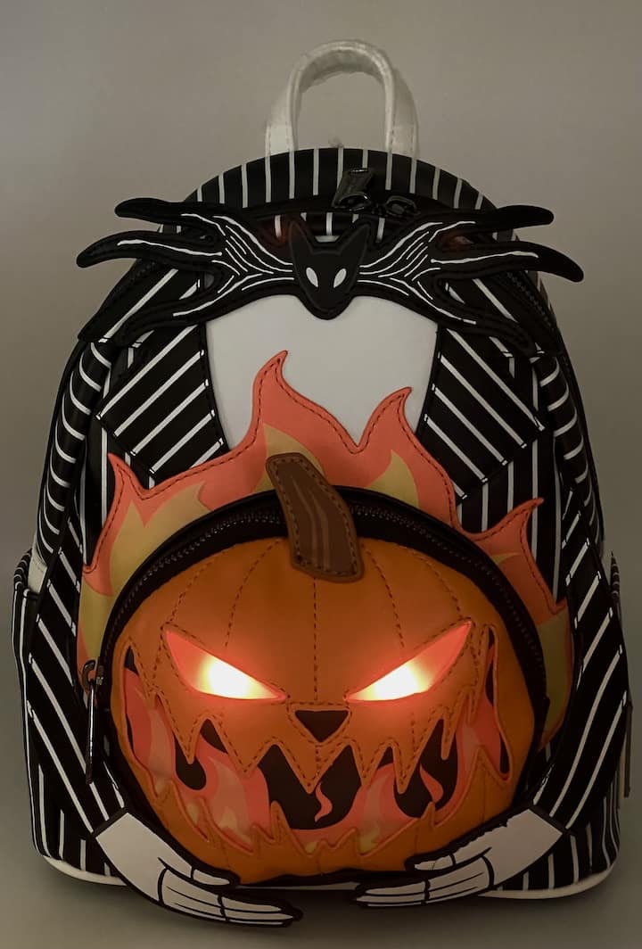 Loungefly Jack Pumpkin Light Up Glow Mini Backpack NBC Bag Lights Off Front Full View Light Up Effect