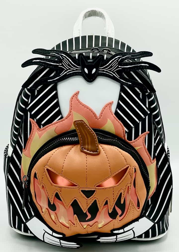 Loungefly Jack Pumpkin Light Up Glow Mini Backpack NBC Bag Lights On Front Full View Light Up Effect