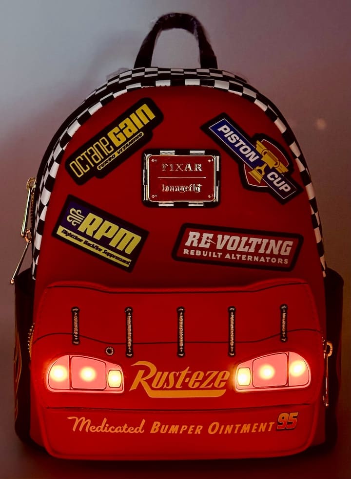 Loungefly Lightning McQueen Rusteze Mini Backpack Cars Light Up Bag Front Full View Lights On