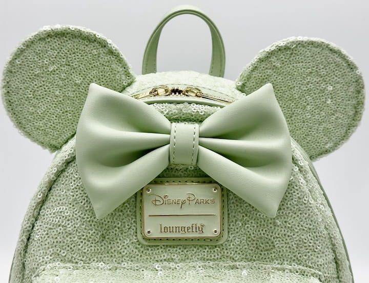 Loungefly Mint Green Sequin Mini Backpack Minnie Mouse Disney Parks Front Bow