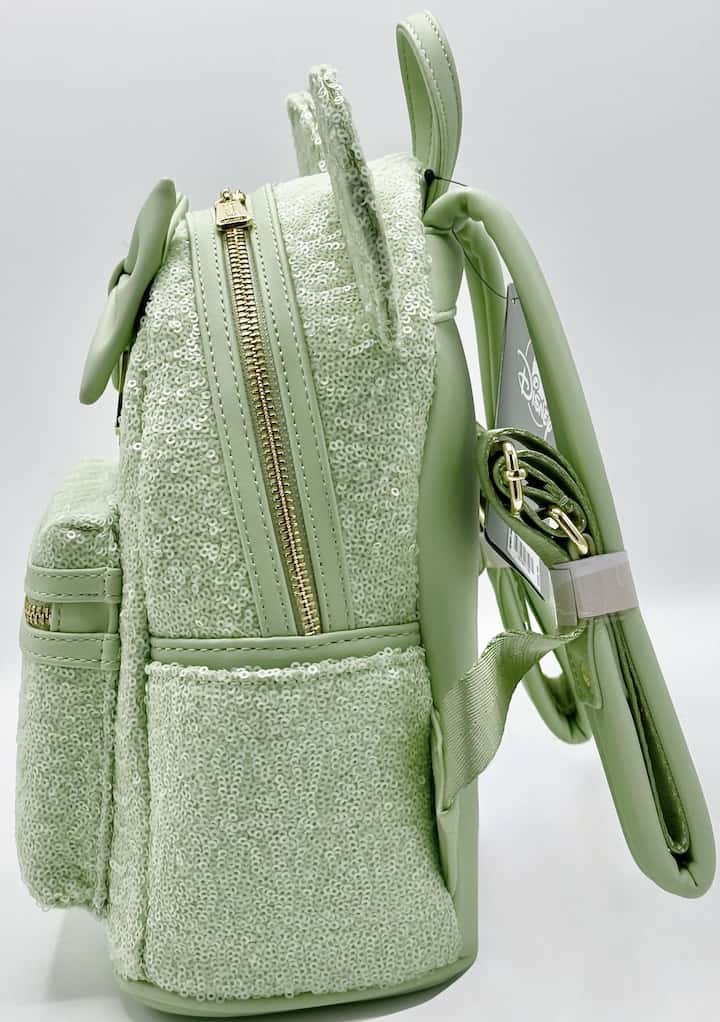 Loungefly Mint Green Sequin Mini Backpack Minnie Mouse Disney Parks Left Side