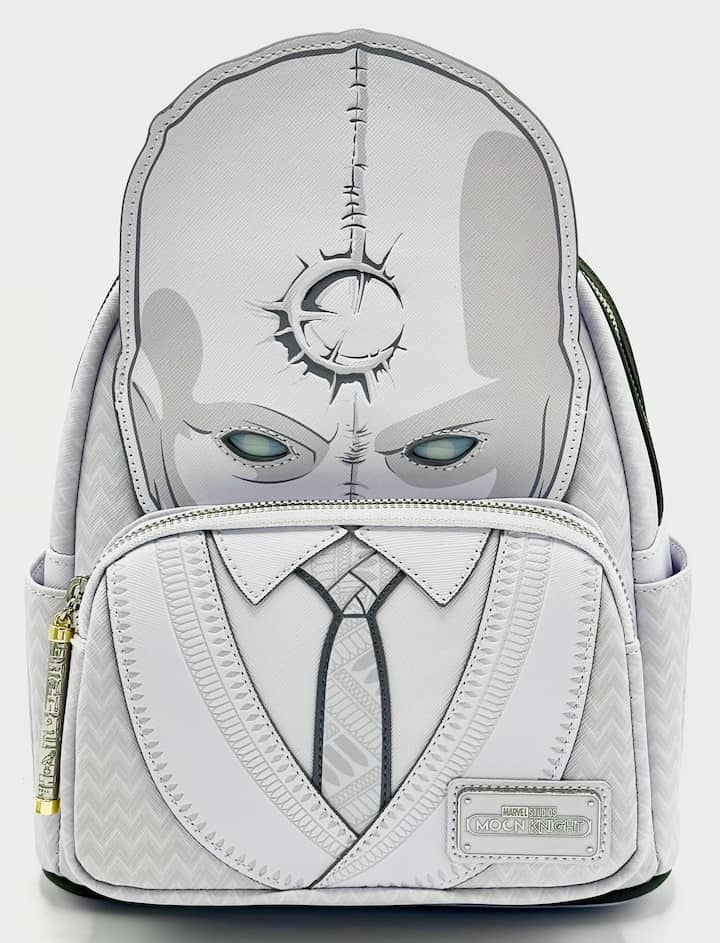 Loungefly Mr Knight Mini Backpack Disney Marvel Moon Knight Bag Front Full View Eyes Light Off