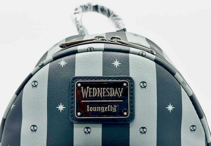 Loungefly Nevermore Window Mini Backpack Wednesday Addams Bag Front Enamel Logo