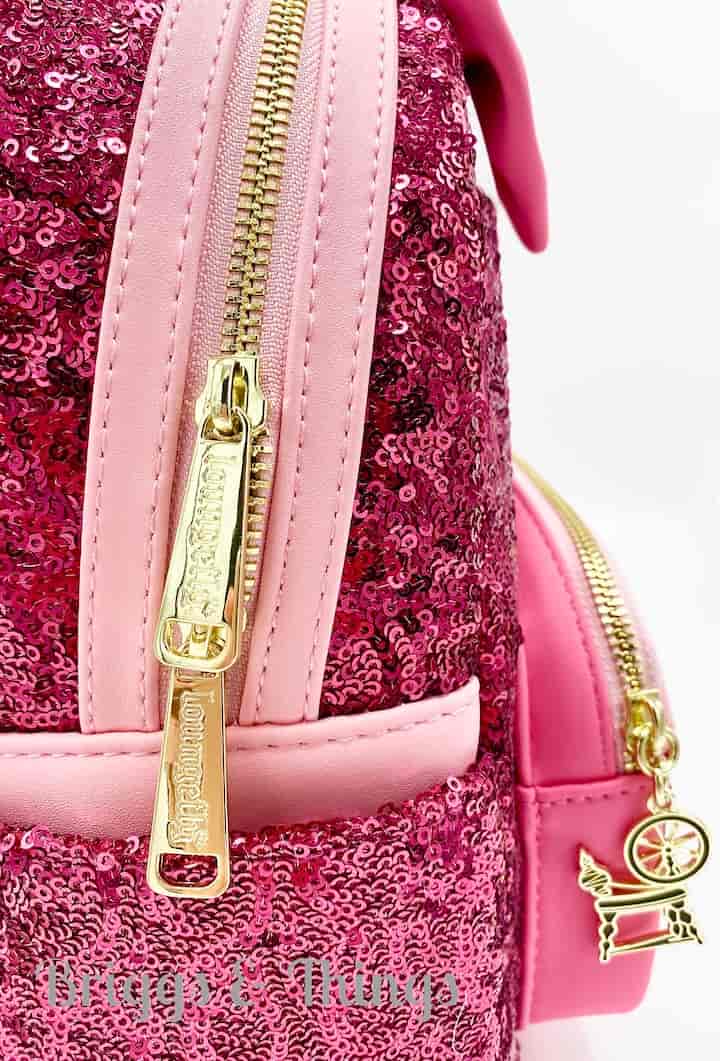 Loungefly Sleeping Beauty Sequin Backpack Disney Princess Aurora Bag Zips And Spinning Wheel Keyring