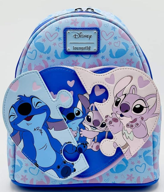 Loungefly Stitch and Angel Puzzle Mini Backpack Jigsaw Heart Bag Front Full View Open