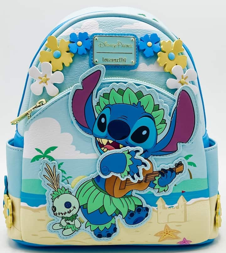 Loungefly Stitch and Scrump Beach Mini Backpack Disney Parks Bag Front Full View Moveable Arm Applique