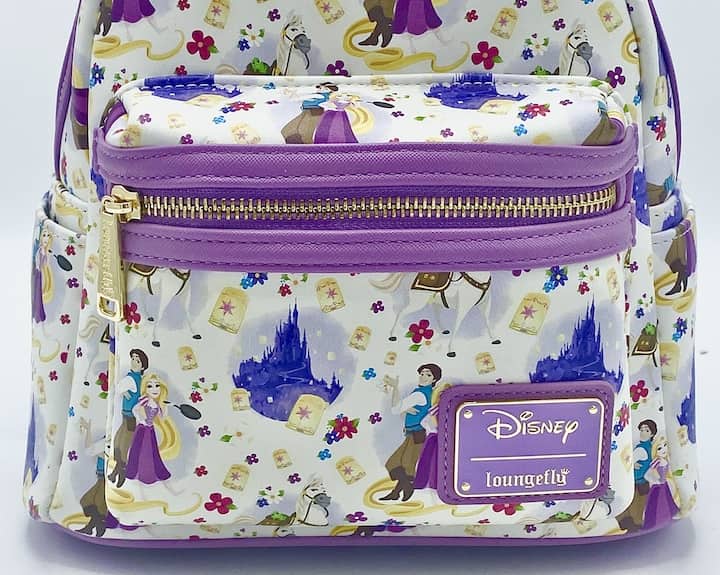 Loungefly Tangled AOP Mini Backpack Disney Rapunzel Flynn Castle Bag Front Bottom Pocket