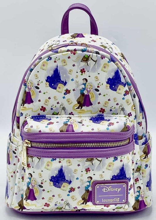 Loungefly Tangled AOP Mini Backpack Disney Rapunzel Flynn Castle Bag Front Full View