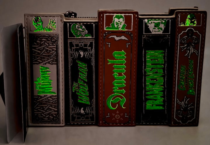 Loungefly Universal Monsters Books Collection Wallet Glow Purse Front Full View Glow In The Dark Effect