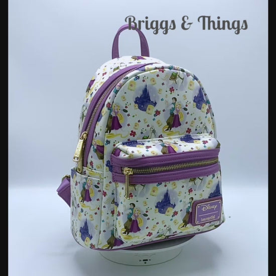 Loungefly Tangled AOP Mini Backpack Disney Rapunzel Flynn Castle Bag Video