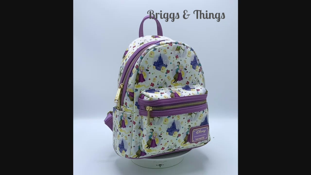 Loungefly Tangled AOP Mini Backpack Disney Rapunzel Flynn Castle Bag Video