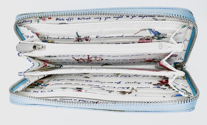 Cath Kidston Alice in Wonderland Blue Meadow Purse Disney Wallet Large Used Inside With Coin Compartment Closed
