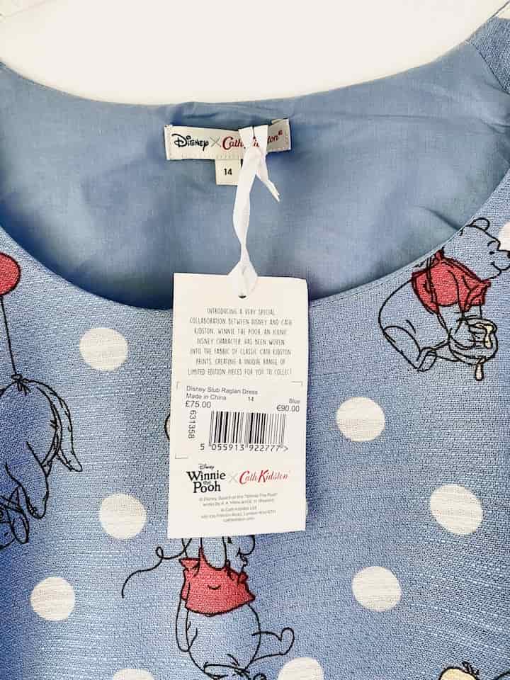 Cath Kidston Disney Winnie the Pooh Dress Blue Polka Dot Spot Tag Back Close Up