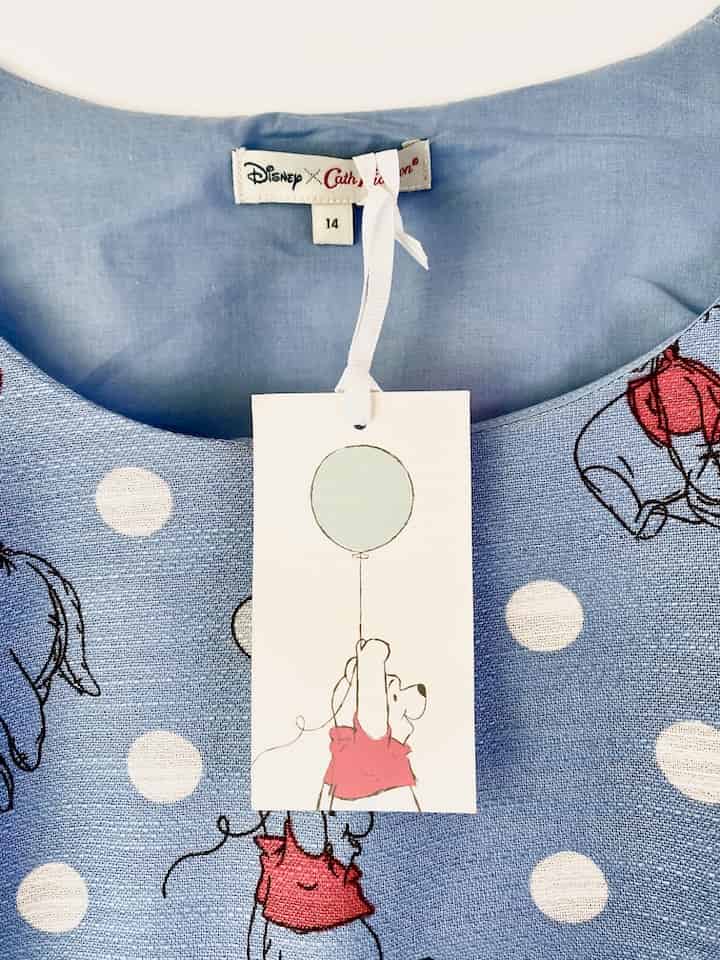 Cath Kidston Disney Winnie the Pooh Dress Blue Polka Dot Spot Tag Front Close Up