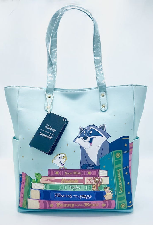 Loungefly Disney Books Collection Tote Bag Princess Sidekick Shopper Front Full View With Tag