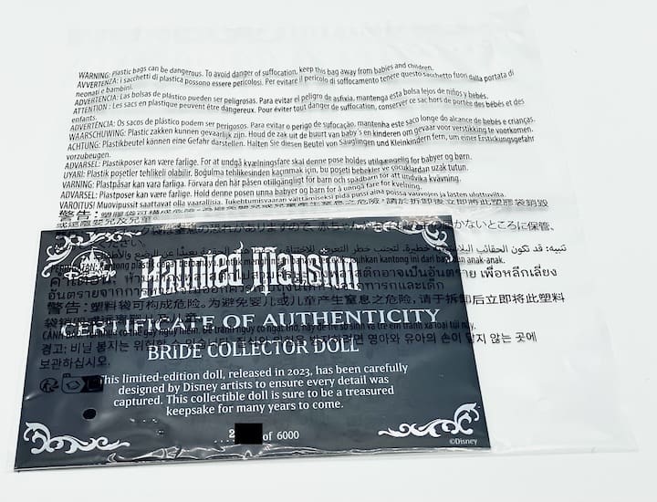 Haunted Mansion Doll Disney Constance Hatchaway Bride Limited Edition Certificate