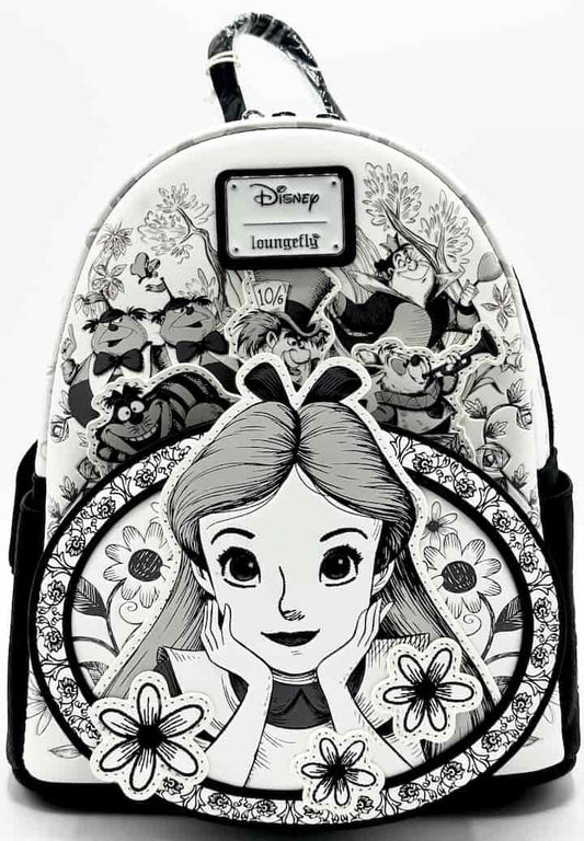 Loungefly Alice in Wonderland Sketch Mini Backpack Black White Bag Front Full View