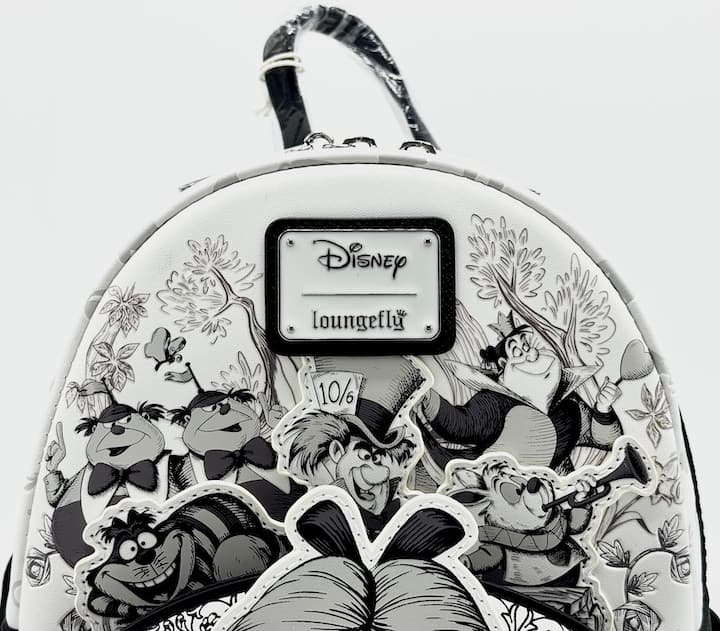 Loungefly Alice in Wonderland Sketch Mini Backpack Black White Bag Front Logo