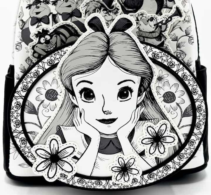 Loungefly Alice in Wonderland Sketch Mini Backpack Black White Bag Front Pocket