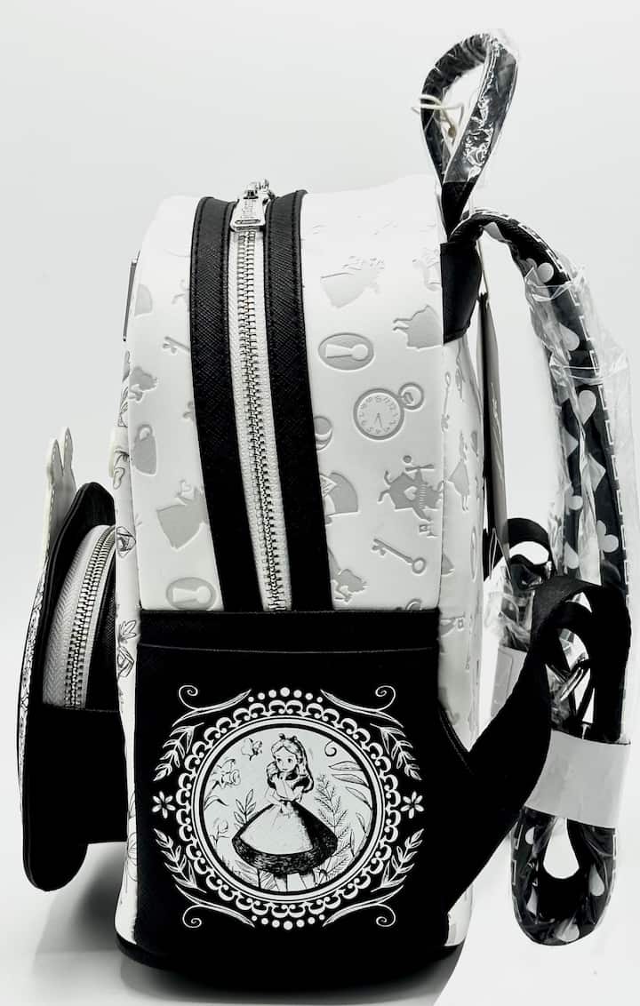Loungefly Alice in Wonderland Sketch Mini Backpack Black White Bag Left Side