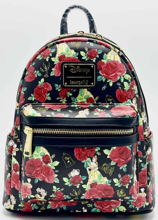Loungefly Beauty and the Beast Roses Mini Backpack Belle AOP Bag Front Full View