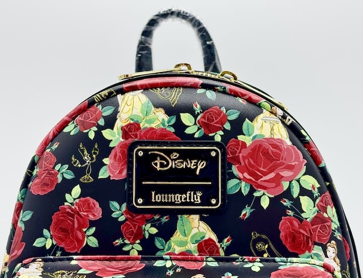 Loungefly Beauty and the Beast Roses Mini Backpack Belle AOP Bag Front Logo