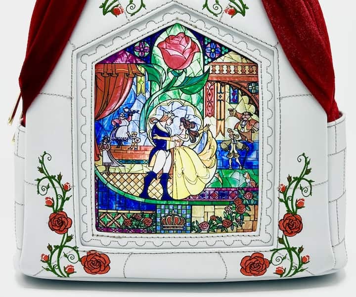 Loungefly Beauty and the Beast Stained Glass Red Velvet Mini Backpack Front Bottom