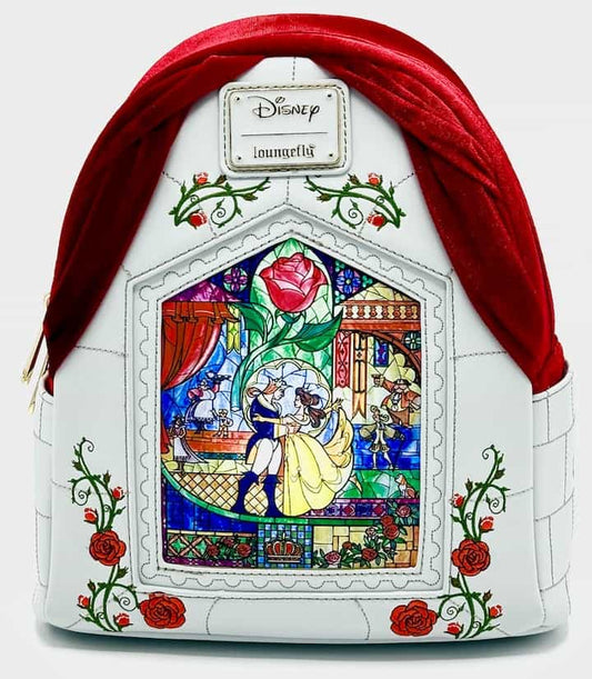 Loungefly Beauty and the Beast Stained Glass Red Velvet Mini Backpack Front Full View