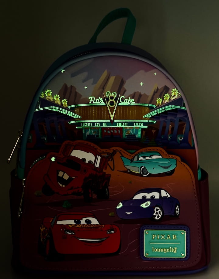 Loungefly Cars Flo's Diner Scene Mini Backpack Disney Pixar Glow Bag Glow In The Dark Effect