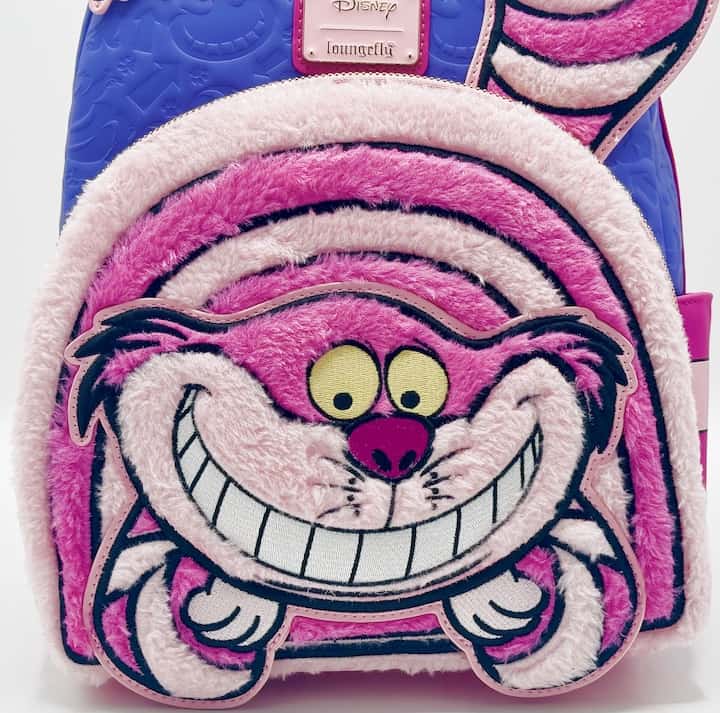 Loungefly Cheshire Cat Fuzzy Mini Backpack Alice in Wonderland Bag Front Bottom Pocket