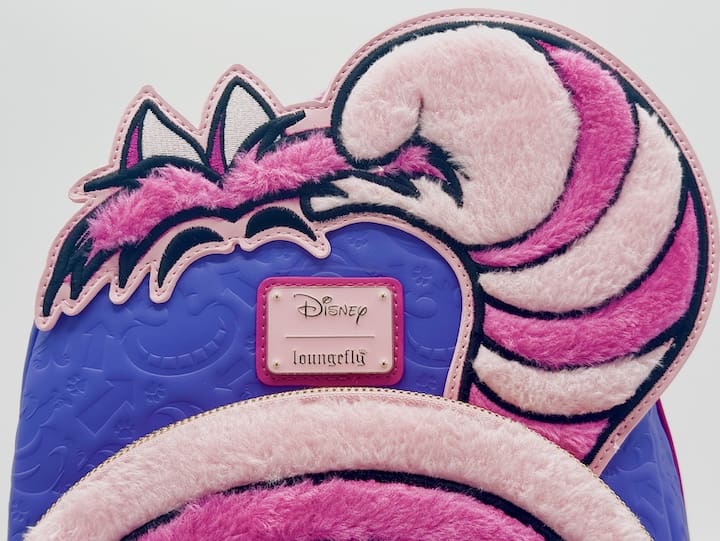 Loungefly Cheshire Cat Fuzzy Mini Backpack Alice in Wonderland Bag Front Top Logo