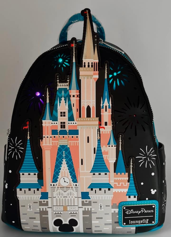  Loungefly Cinderella Castle Light Up Mini Backpack WDW Fireworks Bag Front Full View Light Up 1