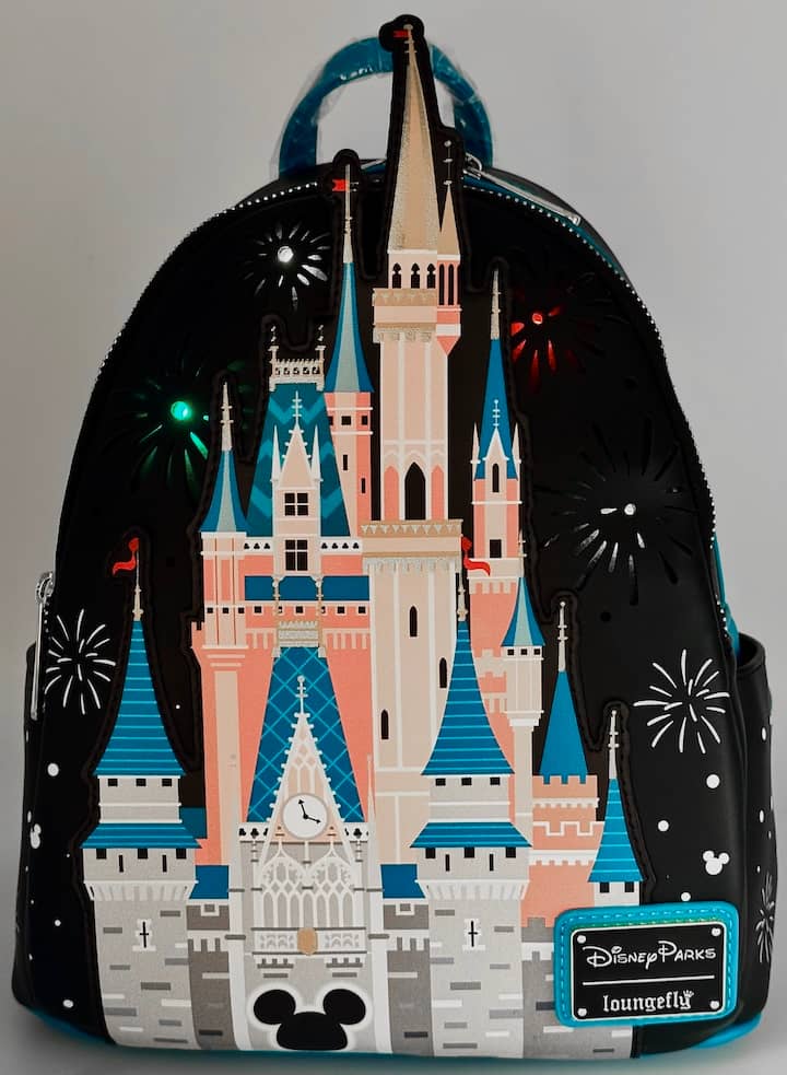  Loungefly Cinderella Castle Light Up Mini Backpack WDW Fireworks Bag Front Full View Light Up 2