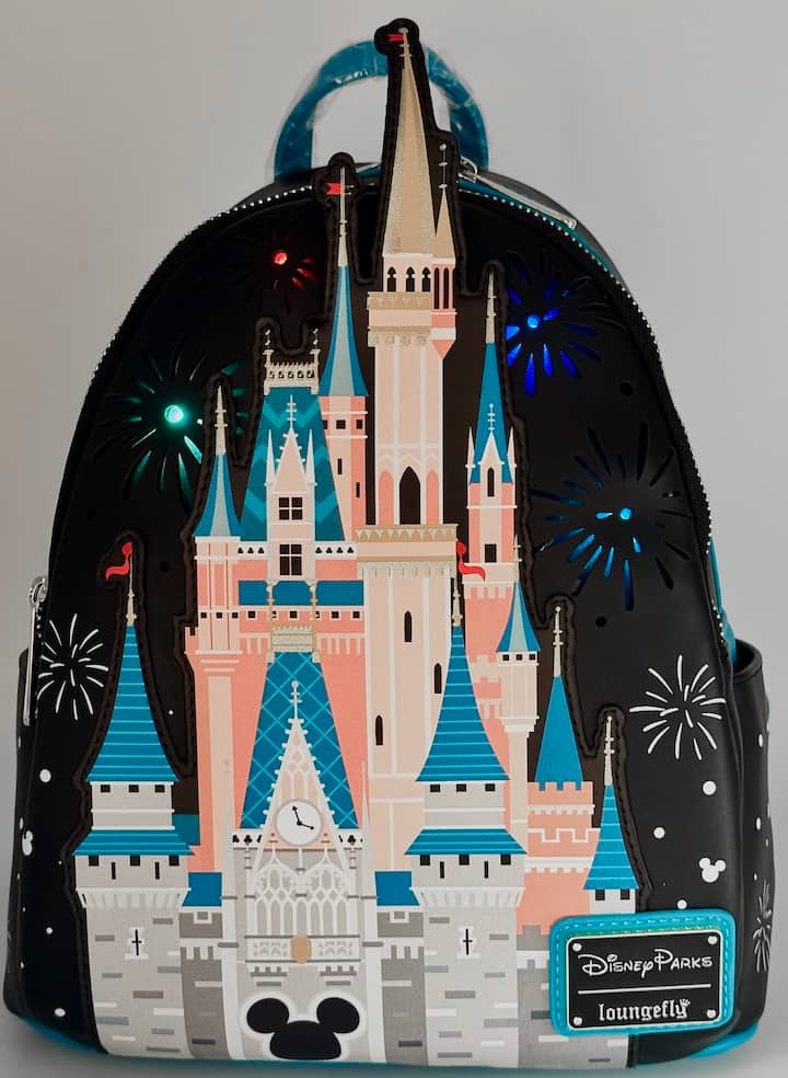  Loungefly Cinderella Castle Light Up Mini Backpack WDW Fireworks Bag Front Full View Light Up 3