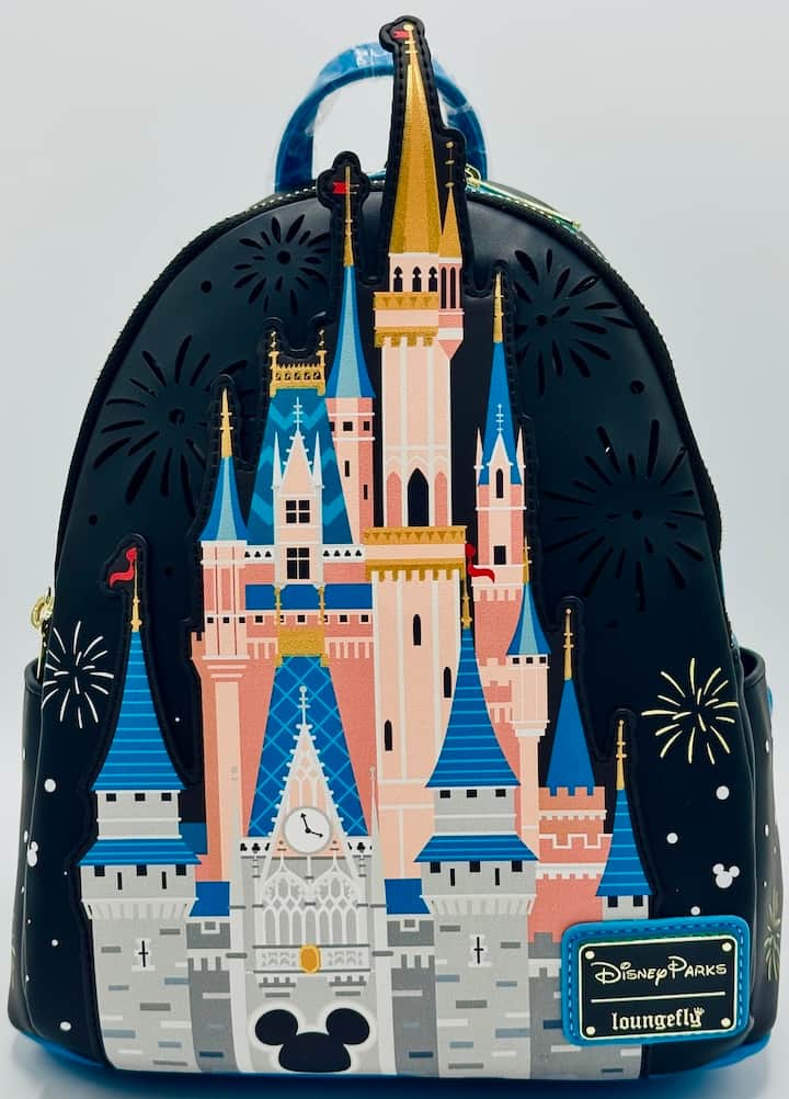  Loungefly Cinderella Castle Light Up Mini Backpack WDW Fireworks Bag Front Full View