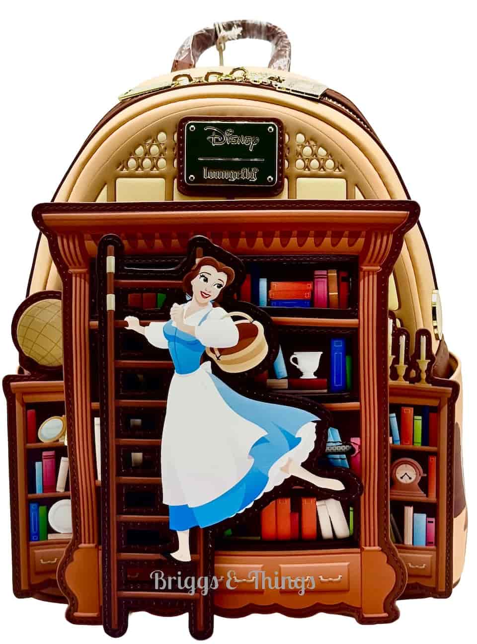 Loungefly D23 Belle Book Shop Mini Backpack Beauty and the Beast Bag Front Full View Applique Left