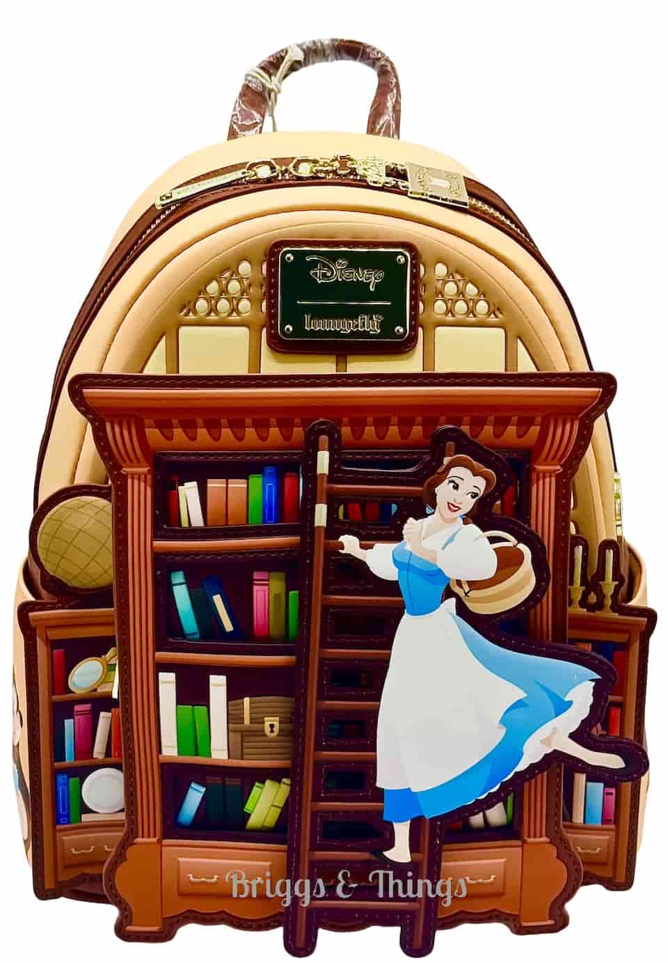 Loungefly D23 Belle Book Shop Mini Backpack Beauty and the Beast Bag Front Full View Applique Right