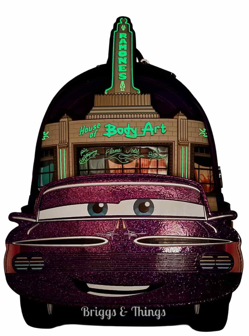 Loungefly D23 Ramone Cosplay Mini Backpack Disney Pixar Cars Glow Bag Front Full View Glow In The Dark Effect