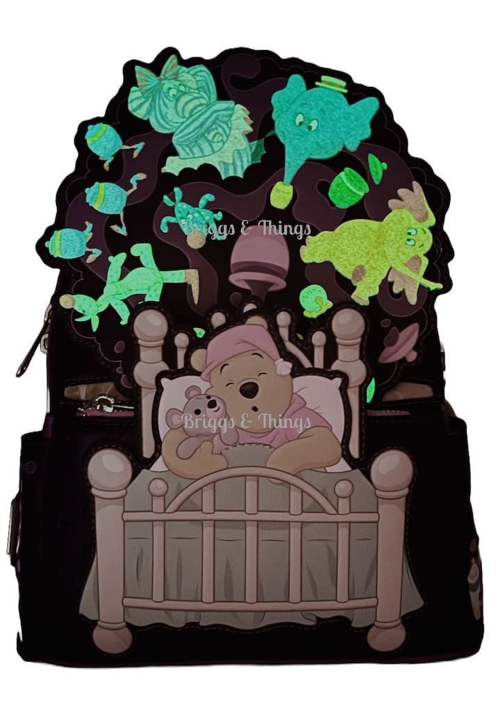 Loungefly D23 Winnie the Pooh Mini Backpack Heffalumps Bag Front Full View Spin Down Glow In The Dark Effect