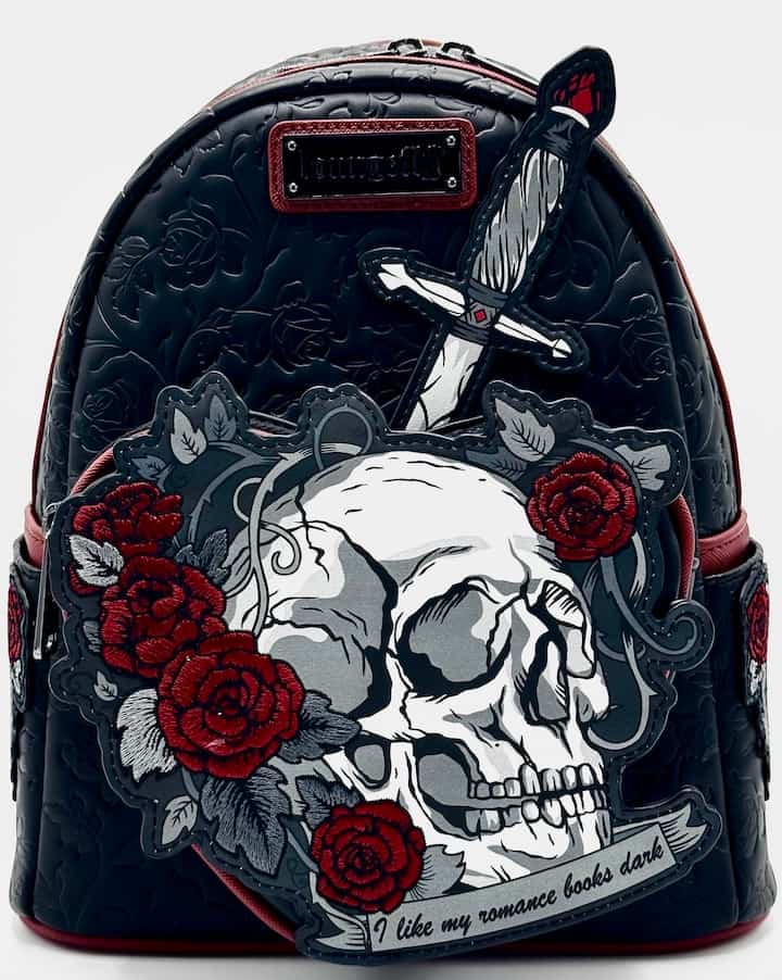 Loungefly Dark Romance Mini Backpack Books A Million Roses Skull Bag Front Full View