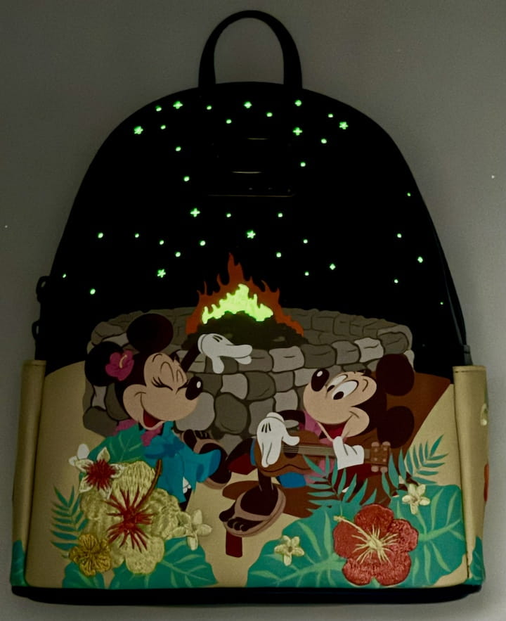 Loungefly Disney Aulani Resort Mickey Minnie Fire Pit Mini Backpack Glow In The Dark Front